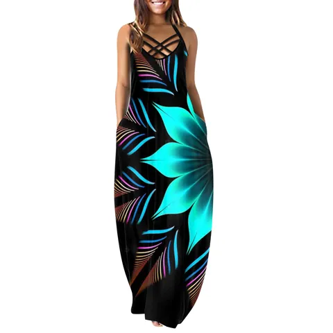 Women Crisscross Halter Neck Cami Maxi Dress Loose Sleeveless Printed Summer Casual Bohemian Beach Long Dress With Pockets
