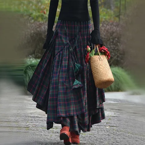 Women's Vintage Plaid Patchwork Maxi Skirt Irregular Hem A-Line Flare Long Skirts For Autumn Spring Green Tartan Skirt