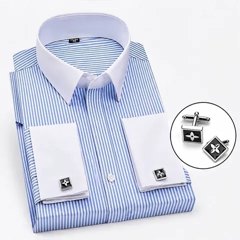 Men's Business Formal French Cuff Shirt Long Sleeve Polyester Cotton Top Striped Twill Dress Shirt With Random Cufflinks