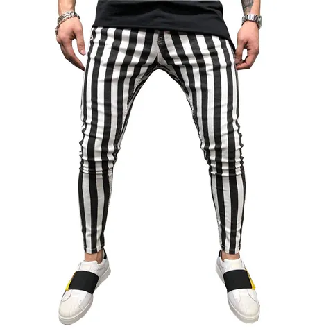 Men's Quick Dry Polyester Spandex Checkerboard Striped Sports Pants Skinny Fitness Gym Running Training Sweatpants Bottom
