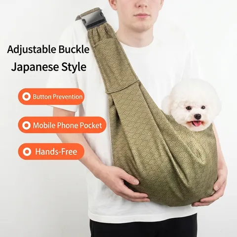 Japanese Style Polyester Pet Sling Carrier For Cats And Small Dogs Adjustable Breathable Foldable Outdoor Travel Shoulder Bag Seigaiha Pattern Outing Bag