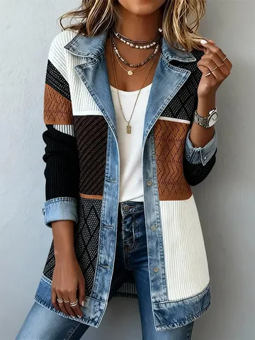 Women Fashion Patchwork Denim Jacket Autumn Elegant Slim Long Sleeve Ribbed Knit Outerwear Top Casual Streetwear Lapel Button Down Coat