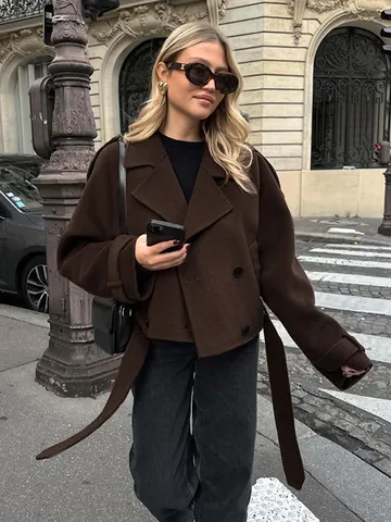 Franse Stijl Dames Wollen Jas Double-breasted Revers Losse Dikke Winter Warme Korte Jas Bovenkleding Voor Woon-werkverkeer Kantoor Dames