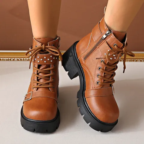 Women's Punk Martin Boots Faux Leather Thick Platform Ankle Boots Rivets Buckle Side Zipper Chunky Heel Motorcycle Boots