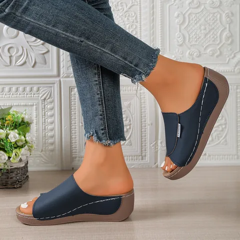Women Plus Size Platform Wedge Sandals Fashion Peep Toe Casual Summer Slides Synthetic Leather Outdoor Slippers Letter Decoration