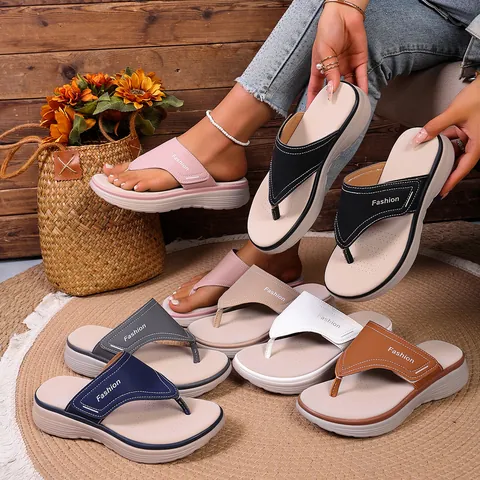 Women Wedge Platform Flip Flops Hollow Out Summer Thong Sandals Synthetic Leather Fashion Casual Beach Shoes For Women