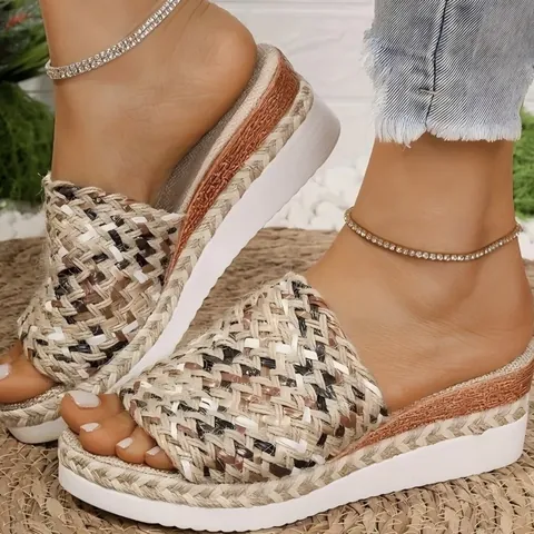 Women's Summer Wedge Platform Sandals Colorful Braided Straw Rope Open Toe Slippers Fashion Lightweight Beach Slides
