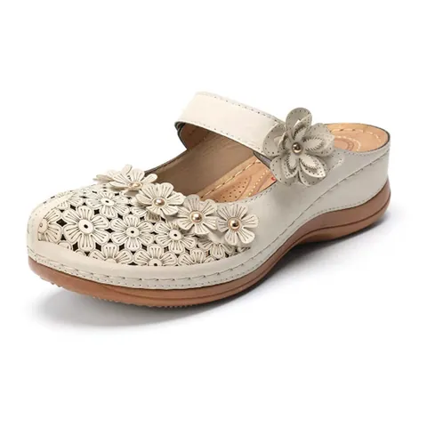 Sandali con Zeppa Donna Retrò Decorazione Floreale Traforata Punta Tonda Platform Mules Scarpe Casual Estive Taglie Forti