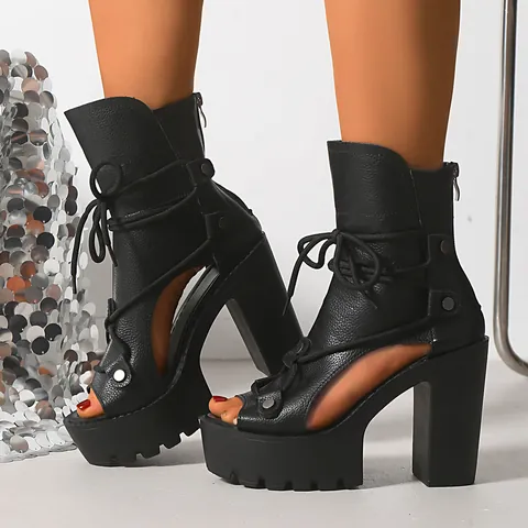 Damen Plateau Offene Zehen High Heel Boots Blockabsatz Schnürung Nieten Sandalen Mit Reißverschluss Hinten Mode Schuhe