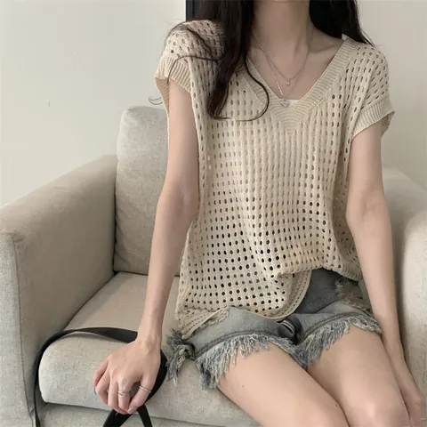 Top de Punto con Cuello en V Calado Estilo Lazy para Mujer Verano Manga Corta Blusa Protectora Solar Desgastada Informal