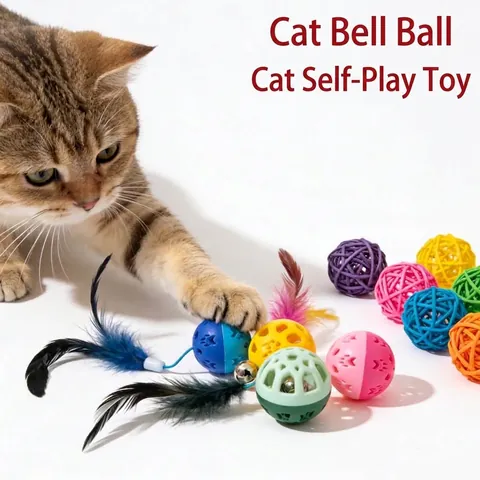 Interaktiver Katzen-Spielzeugball mit Feder und Klingel Kunststoff-Hohlball Plüsch-Webbälle für Kätzchen Training Spielzeug