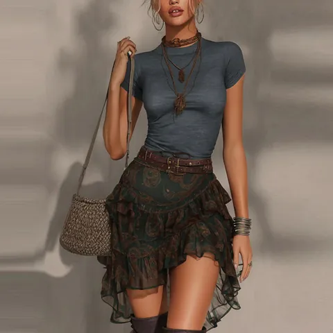 Damen Top And Bottom Polyester Paisley Druck Patchwork Kurzarm T-Shirt Und Asymmetrischer Rüschenrock Sommer Casual Outfit
