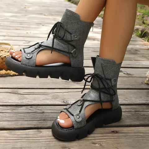 Damen Römische Gladiatoren Plateau Sandalen Schnürung Peep Toe Cool Boots High Top Mode Lässig Sommer Schuhe