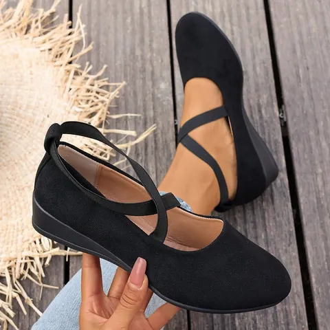 Zapatos Mary Jane de Cuña de Lona Esmerilada para Mujer Cómodos Suela Suave Correa Cruzada Mocasines de Tacón Bajo