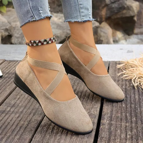 Zapatos Mary Jane de Cuña de Lona Esmerilada para Mujer Cómodos Suela Suave Correa Cruzada Mocasines de Tacón Bajo