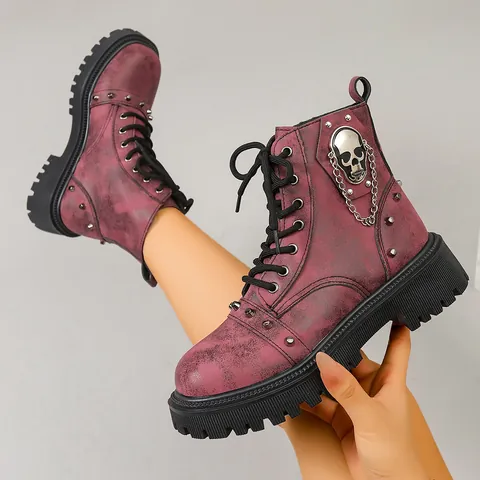 Bottines Martin Vintage Britanniques Unisexe Semelle Épaisse Pendentif Tête de Mort Chaîne Clous Mi-mollet Similicuir Punk