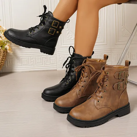 Women Motorcycle Martin Boots Thick Sole Hidden Heel British Style Front Lace-up Buckle Skull Studs Synthetic Leather Winter Ankle Boots