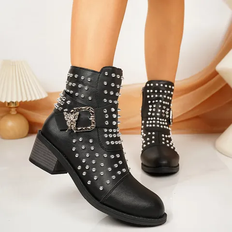 Dames Britse Stijl Echt Leer Chelsea Boots Punk Klinknagels Martin Enkellaarsjes Met Vlindergesp Zijrits Zwart