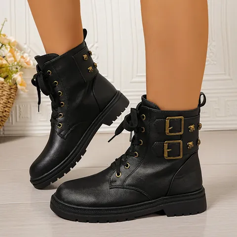 Women Motorcycle Martin Boots Thick Sole Hidden Heel British Style Front Lace-up Buckle Skull Studs Synthetic Leather Winter Ankle Boots