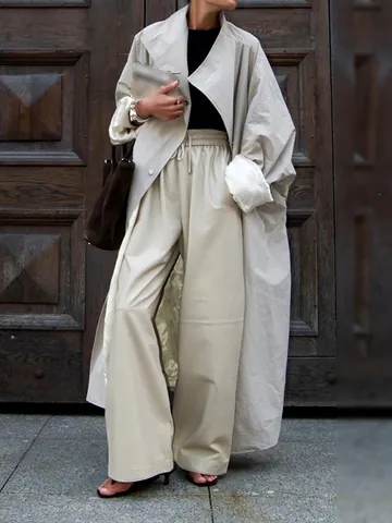 Women Oversized Trench Coat Double Breasted Large Lapel Long Lightweight Windbreaker Jacket For Fall Spring Casual Outerwear