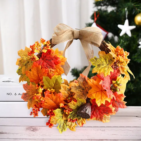 Autumn Simulation Maple Leaf Wreath with Linen Bow Berry Lotus Pod for Front Door Wall Hanging Thanksgiving Christmas Home Decor