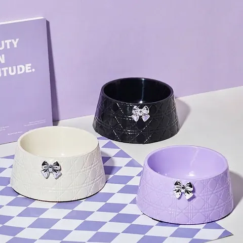 Quilted Pattern Pet Bowl with Bow Knot Decoration Large Capacity Non-Slip Cat Dog Feeding Bowl Neck Protection Anti-Tip Pet Food Water Dish