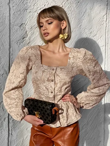 Camicetta Jacquard Stile Francese Donna Scollo Quadrato Maniche a Sbuffo Orlo Peplum Camicetta Pendolare Elegante Top