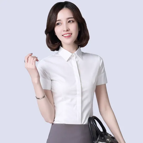 Women Professional Office Blouse Polyester Spandex Slim Fit Elastic Button Up Work Shirt Minimalist Formal Top