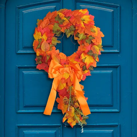 Autumn Harvest Festival Wreath Artificial Maple Leaf Door Hanging Ornament With Orange Satin Bow Fall Home Wall Decoration Garland