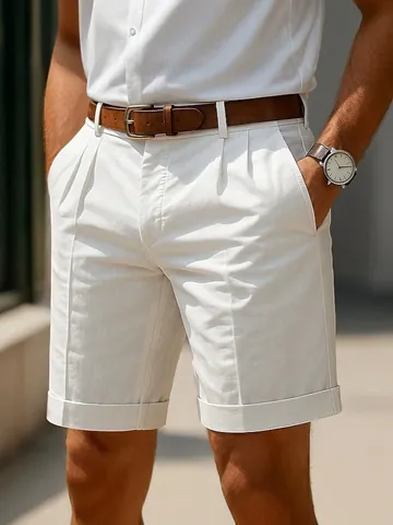Men Business Casual Cotton Blend Shorts Pleated Cuffed Suit Style Golf Bottom For Summer Daily Travel Outdoor Fashion Shorts