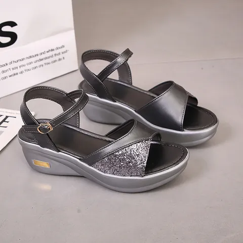 Women Fashion Wedge Sandals Sparkly Sequin Peep Toe Platform Ankle Strap Sandals Casual Summer Beach Party Dress Shoes