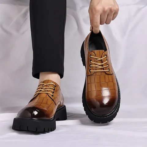 Herren Britische Dicke Sohle Business Lederschuhe Krokodilmuster Schnürung Formelle Hochzeitsschuhe Höhenvergrößernde Casual Derby Schuhe