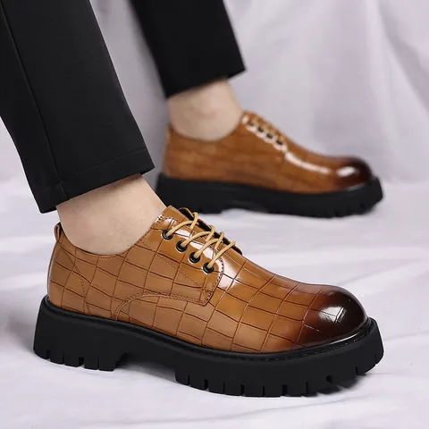 Herren Britische Dicke Sohle Business Lederschuhe Krokodilmuster Schnürung Formelle Hochzeitsschuhe Höhenvergrößernde Casual Derby Schuhe
