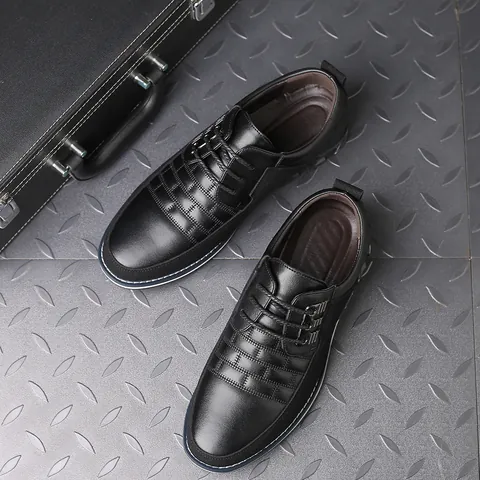 Herren Freizeitschuhe Kunstleder Rundkappe Schnürschuhe Atmungsaktiv Verschleißfest Business Casual Einzelschuhe Karomuster