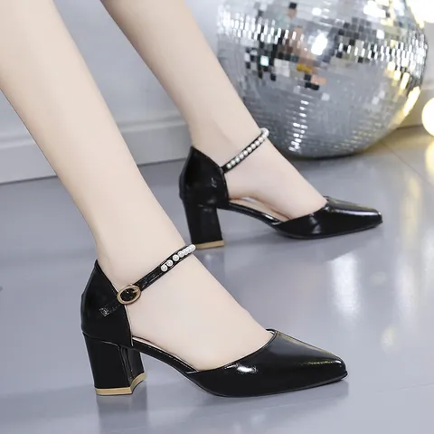 Women's Pointed Toe Chunky Heel Sandals With Artificial Pearl Ankle Strap PU Leather Hollow Out Mid Heel Wedding Party Shoes