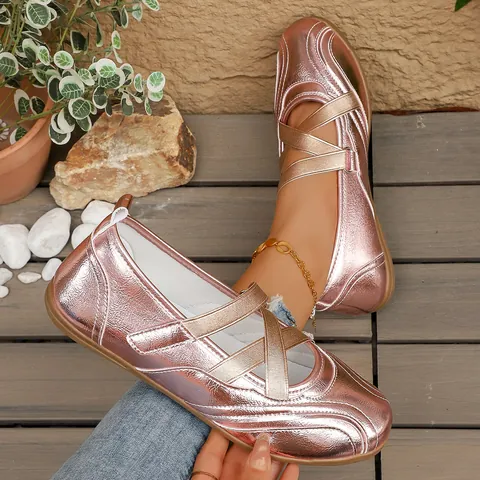Metallic Cross Strap Mary Jane Shoes For Women Glossy Ballet Flats Retro Casual PU Loafers Soft Sole Slip-On Comfort