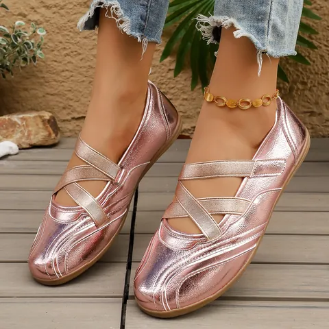 Metallic Cross Strap Mary Jane Shoes For Women Glossy Ballet Flats Retro Casual PU Loafers Soft Sole Slip-On Comfort