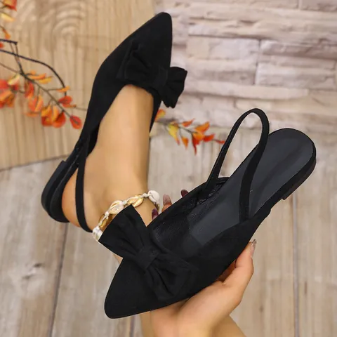 Fairy Style Pointed Toe Flat Sandals For Women Solid Color Bow Decor Slingback Closed Toe Breathable Light Rubber Sole Summer Shoes