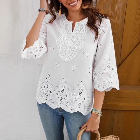 Women Casual Cotton Lace Blouse V Neck Three Quarter Sleeve Hollow Out Embroidery Bohemian Summer Top White Black