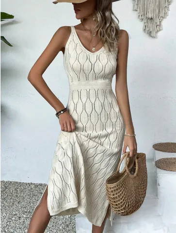 Women Sexy Hollow Out Knitted Maxi Cami Dress Backless See Through Beach Vacation Off White Polyester Spandex Dress