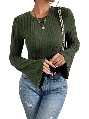Women Ribbed Brushed Slim Fit T-Shirt Round Neck Long Flare Sleeve Top Lettuce Edge Solid Color Casual Autumn Winter Basic Tee