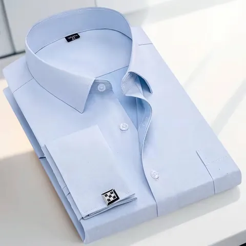 Men's Business Formal French Cuff Shirt Long Sleeve Polyester Cotton Top Striped Twill Dress Shirt With Random Cufflinks