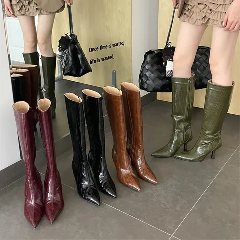 Damen Spitze Zehenpartie Stiletto Hoher Absatz Kniehohe Stiefel Geprägte Krokodil Stein Muster Mode Seitlicher Reißverschluss Stiefel Damen Winterschuhe