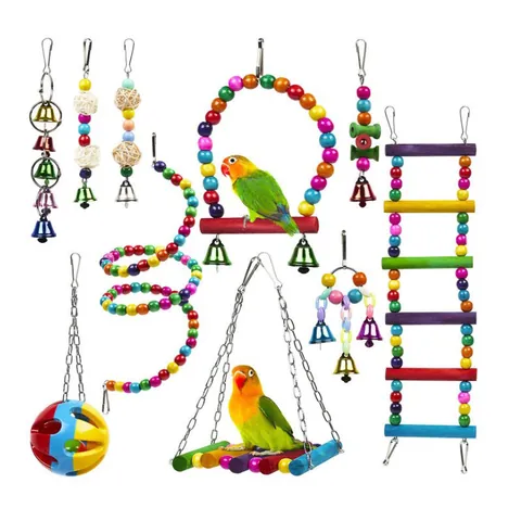 Parrot Bird Toy Set Colorful Wood Hanging Swing Ladder Metal Bells Rattan Balls For Pet Bird Cage Accessories