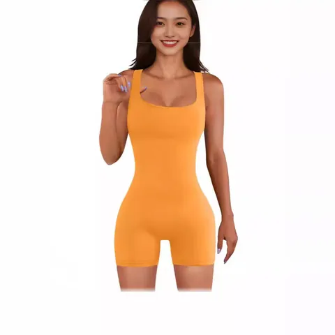 Women Summer Square Neck Sleeveless Yoga Romper Solid Color Tight Workout Jumpsuit With Zipper High Waist Short Bodysuit