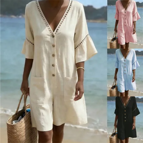 Women's Casual Cotton Linen V-Neck Short Sleeve Romper Summer Solid Color Lace Beach Jumpsuit