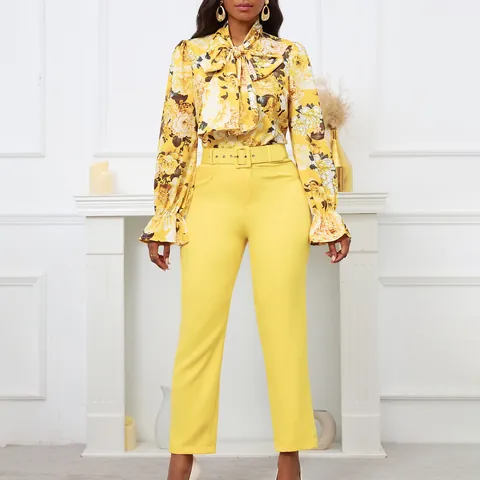 Women Floral Print Long Sleeve Tie Neck Shirt High Waist Trousers Elegant Top And Bottom Career Fashion Outfit