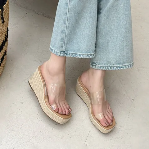 Women Fashion Clear Double Strap Wedge Slippers Square Toe Espadrille Platform Slides High Heel Beach Holiday Sandals Shoes
