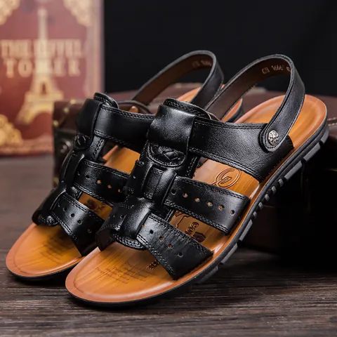 Men's Casual Cowhide Leather Sandals Open Toe Beach Shoes Dual Purpose Slide Sandals Non Slip Breathable Large Size Footwear