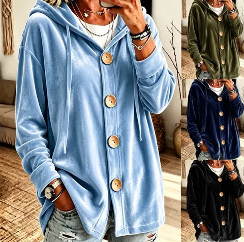 Giacca da Donna in Velluto Vintage con Cappuccio Sweatshirt Vestibilità Larga Tinta Unita Manica Lunga con Grandi Bottoni e Coulisse